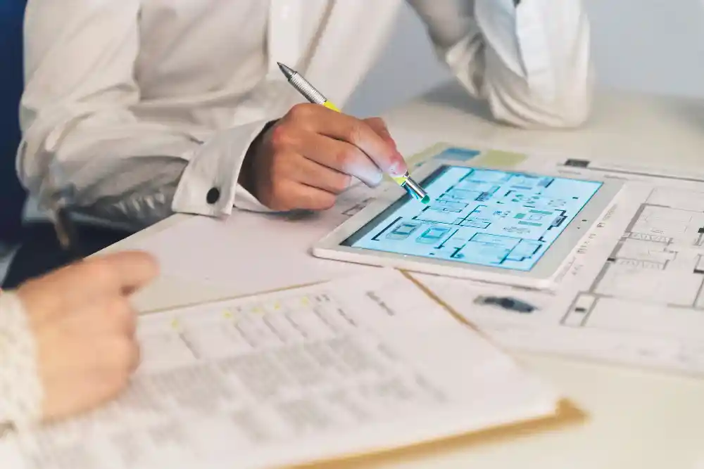 Commercial Construction Company in Illawarra reviewing digital floorplans and project documentation during the planning stage of a commercial development.