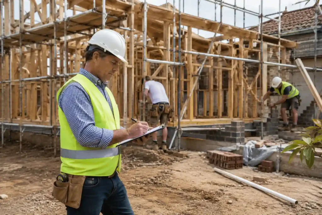 Construction Company Illawarra site manager conducting a residential building inspection with tradespeople and timber framing in the background