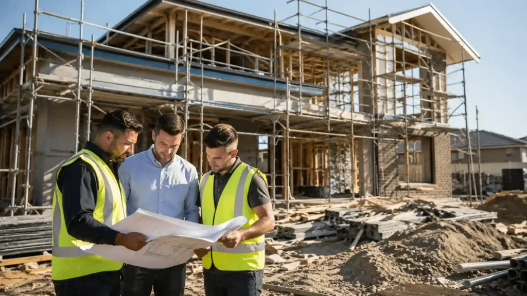 Construction Company Illawarra builders inspecting a modern residential construction project with quality structural framing and premium building materials