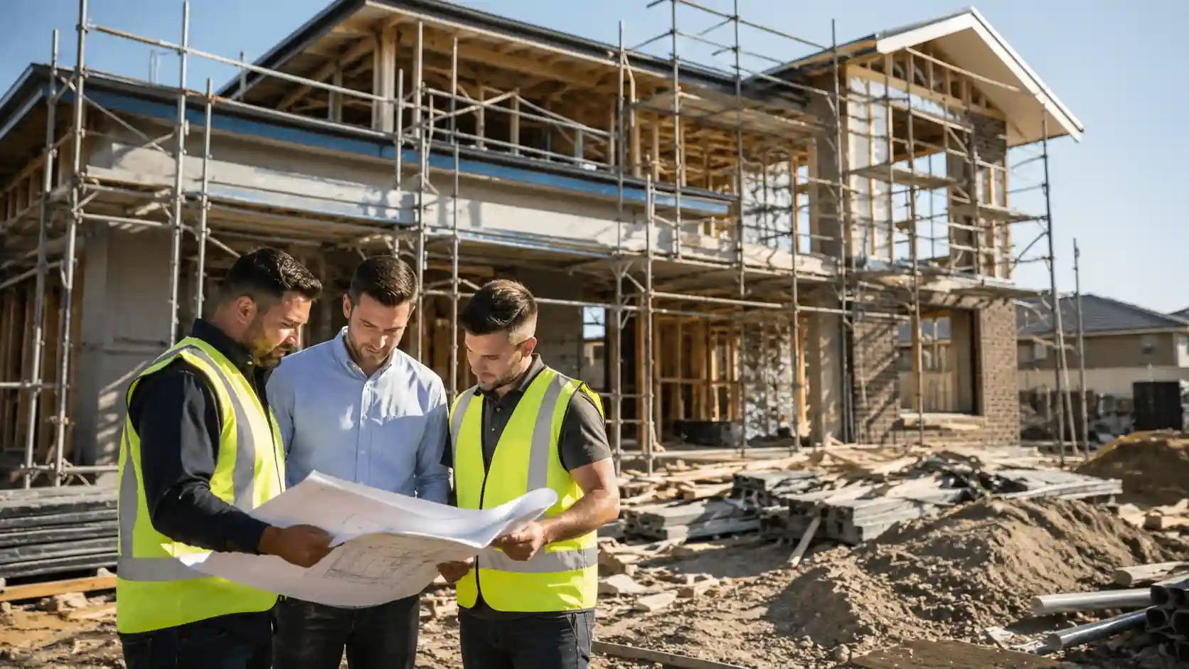 Construction Company Illawarra builders inspecting a modern residential construction project with quality structural framing and premium building materials