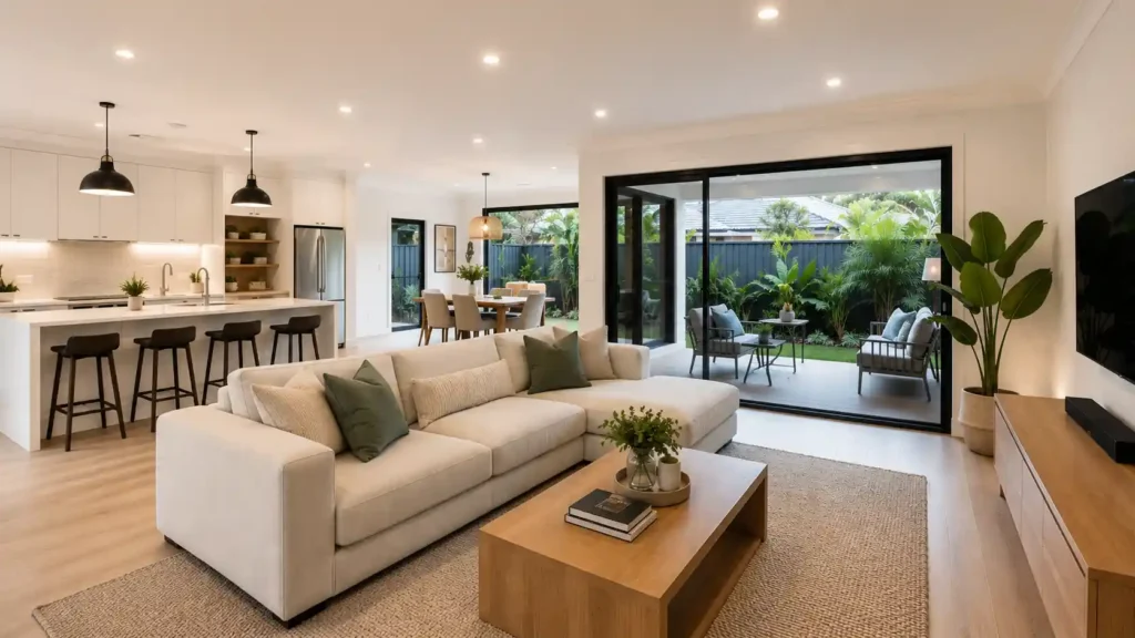 Modern open-plan living room showcasing premium Home Renovation Services Illawarra with contemporary design, spacious layout, and seamless indoor-outdoor living.
