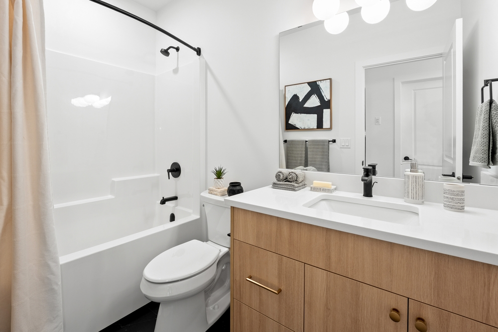renovated bathroom with elegant vanity, shower, and updated fittings